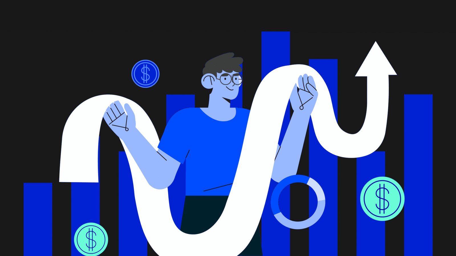 representação de pessoa com gráficos que aumentam e diminuem, fazendo referência à taxa de descadastro de emails