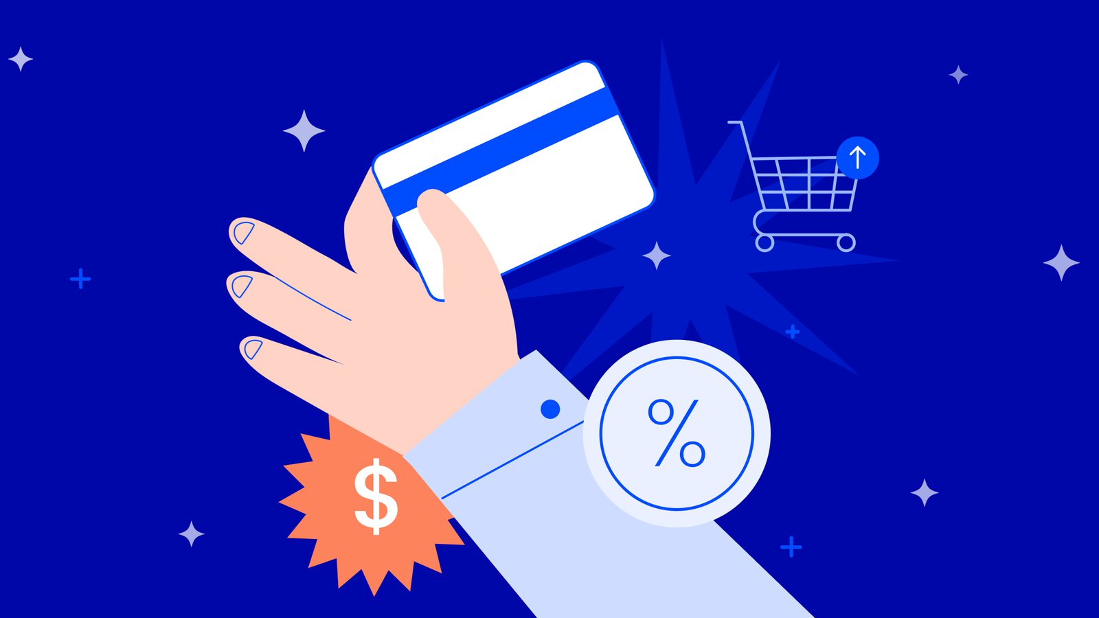 Hand holding a credit card with coins floating nearby