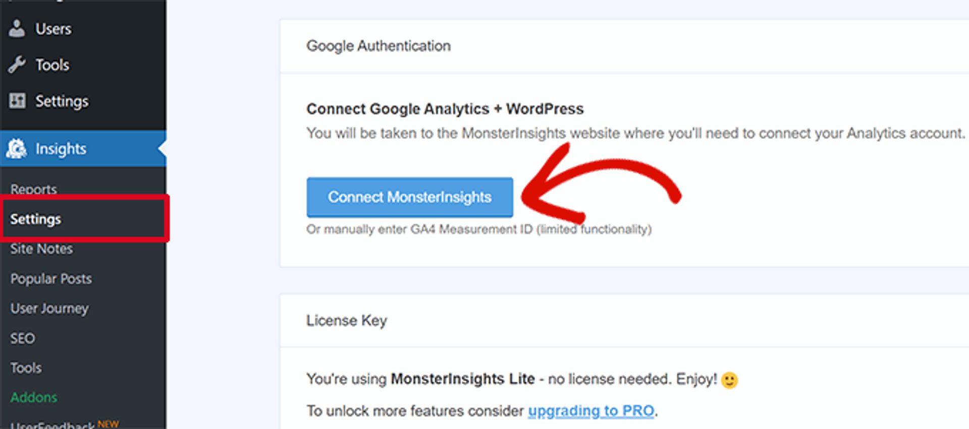 connecting monsterinsights in wordpress