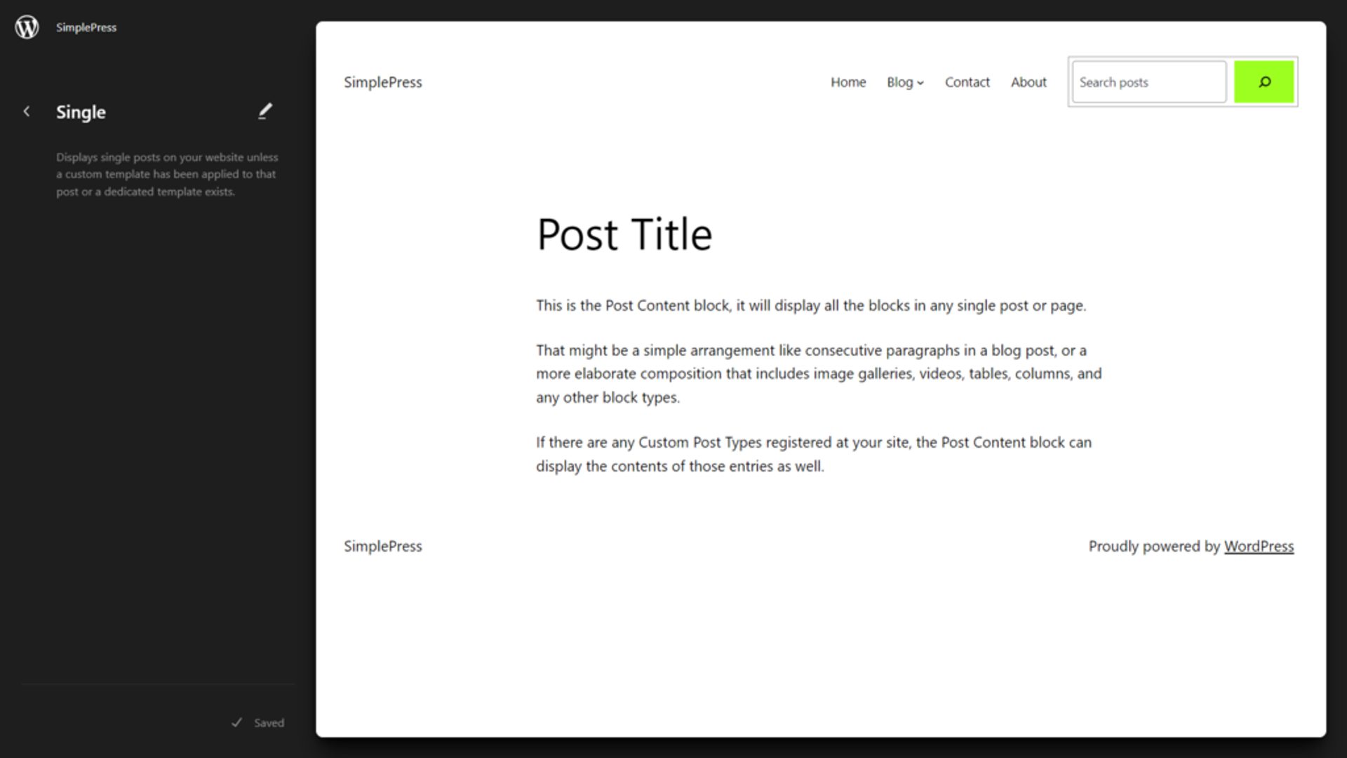 wordpress site editor single template