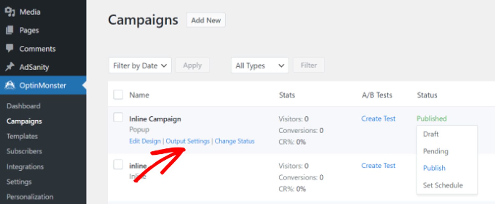 change the status of your optinmonster campaign