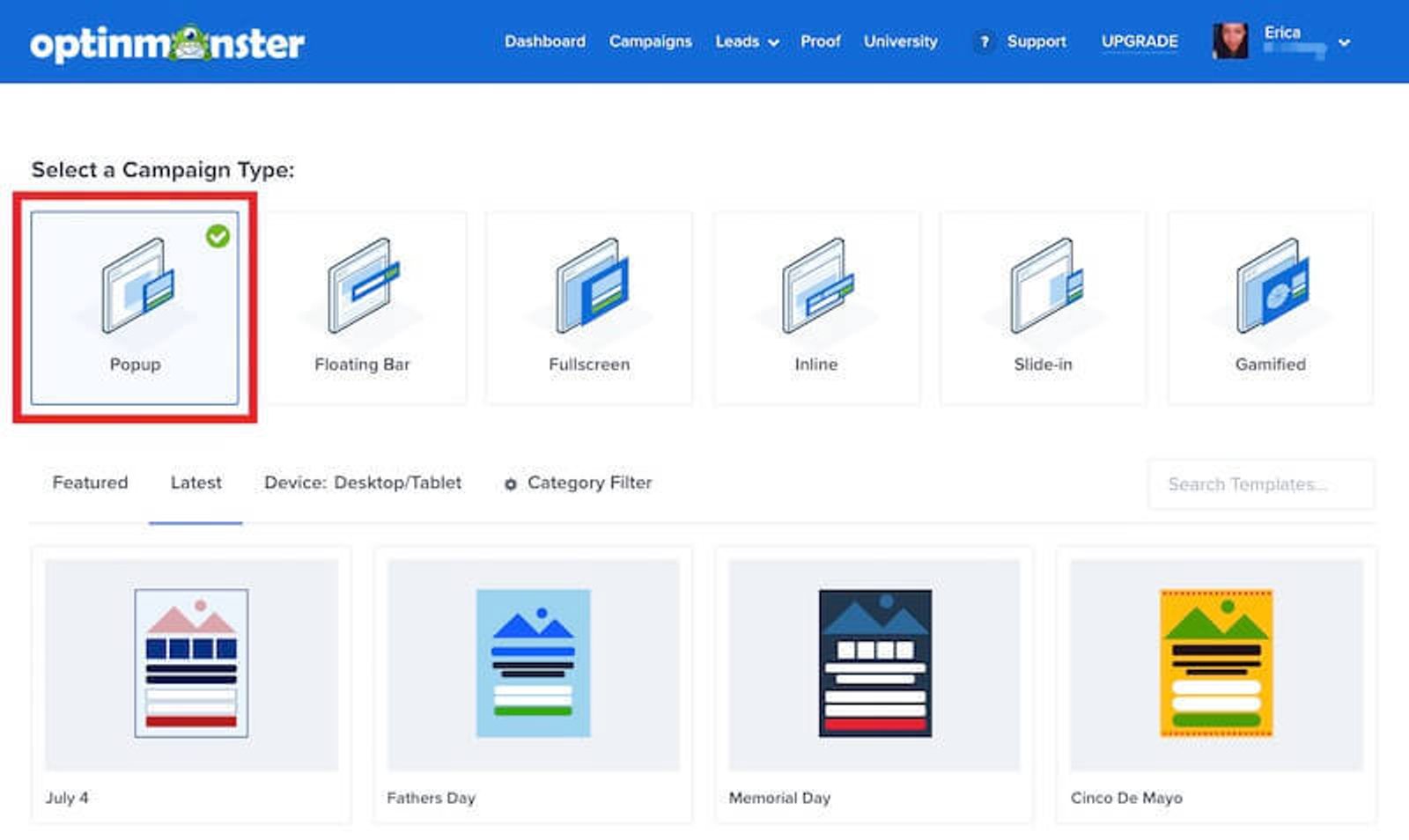 create campaign in optinmonster