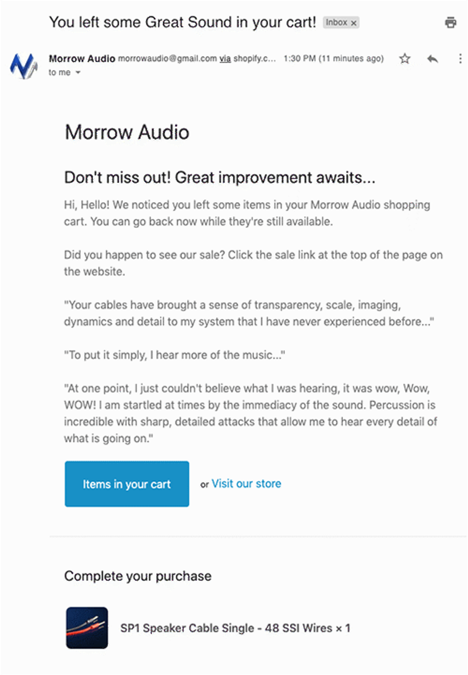Morrow Audio abandoned cart email