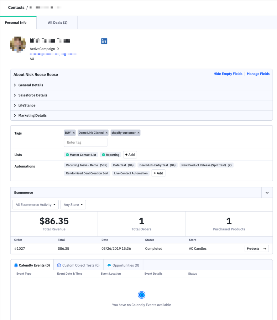 Contact page in ActiveCampaign