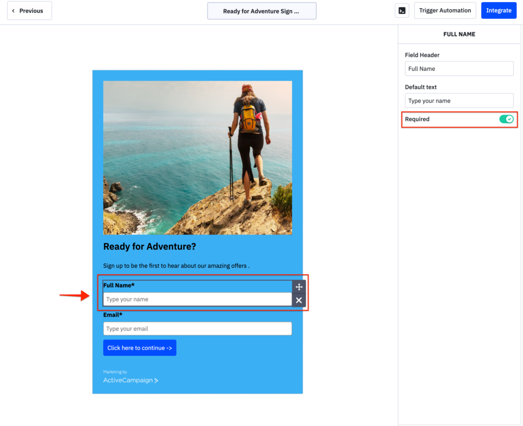 Form builder in ActiveCampaign