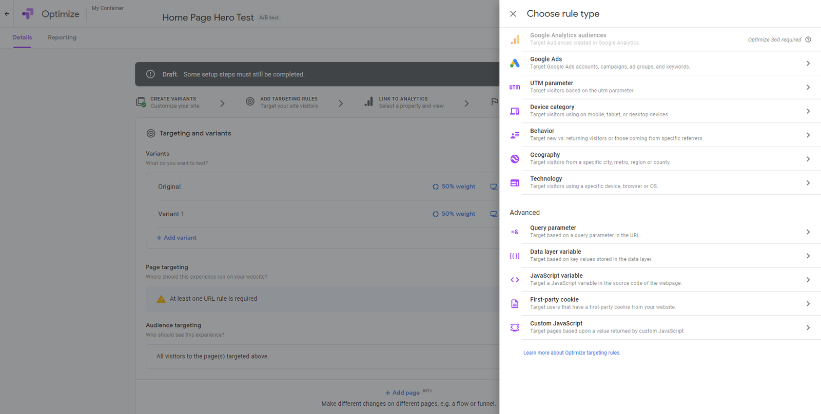 Rule type creation page