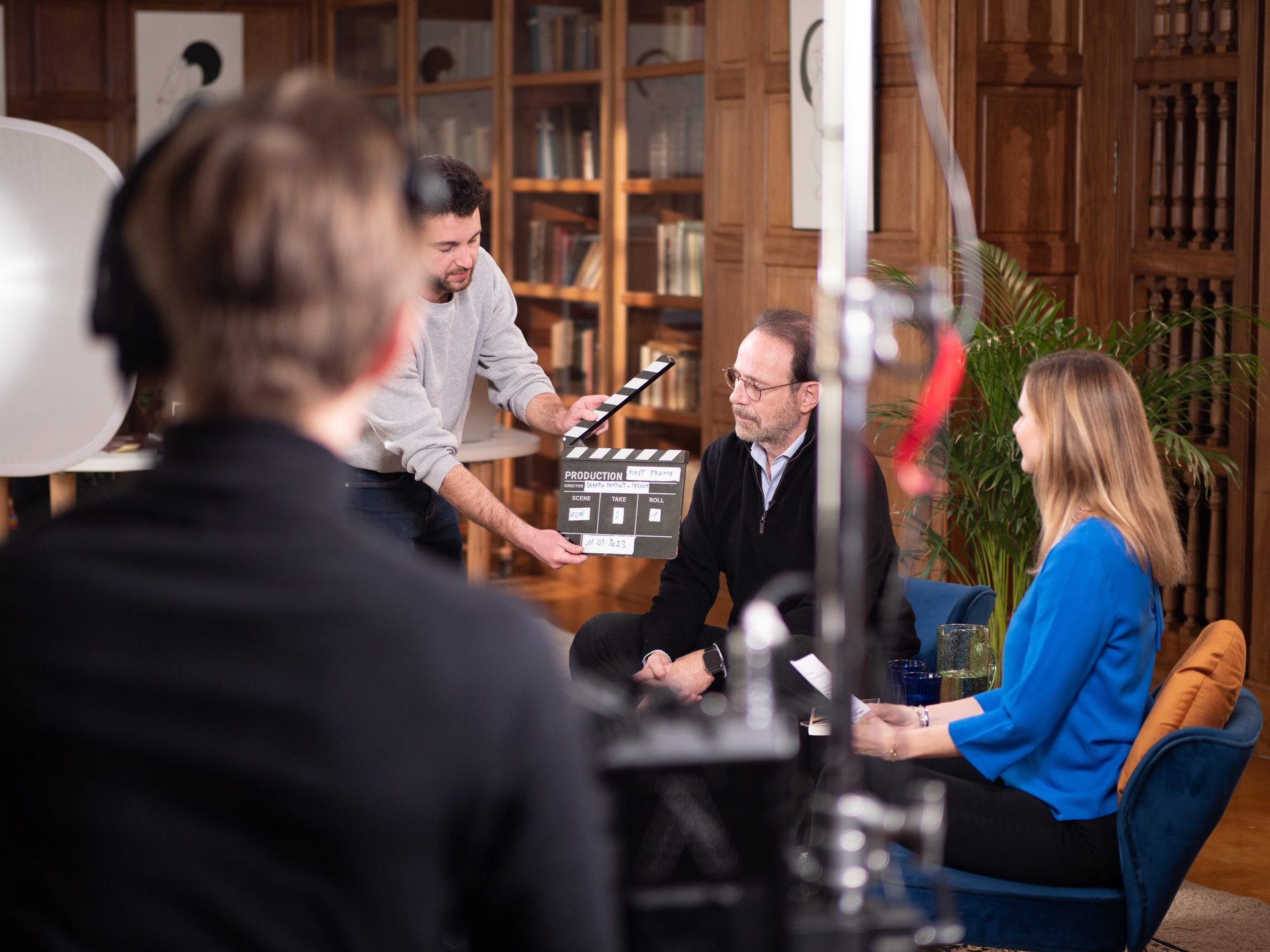 A film set where people are about to record an interview