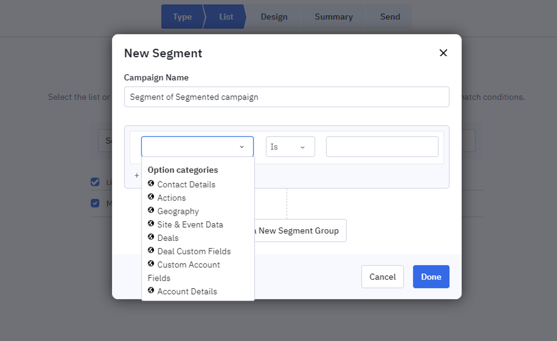New segment form in ActiveCampaign